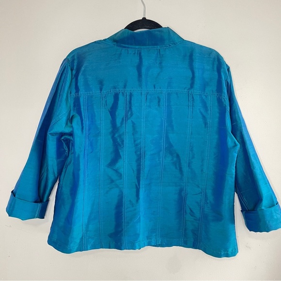 CHICO’S 100% Silk Shiny Teal Lightweight Button-Front Jacket Blazer, Large - Picture 6 of 12